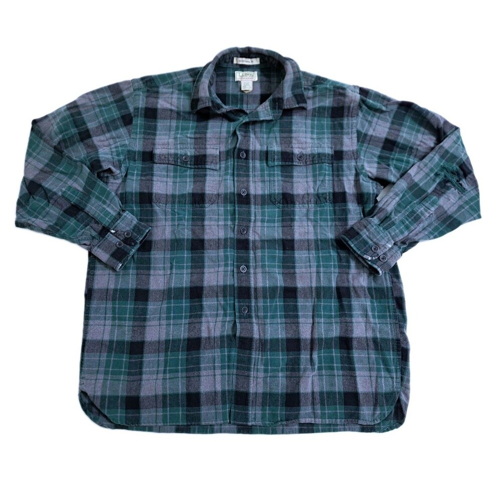 LL Bean Flannel Shirt Green Gray Check Plaid Men’s Large Traditional Fit 277981